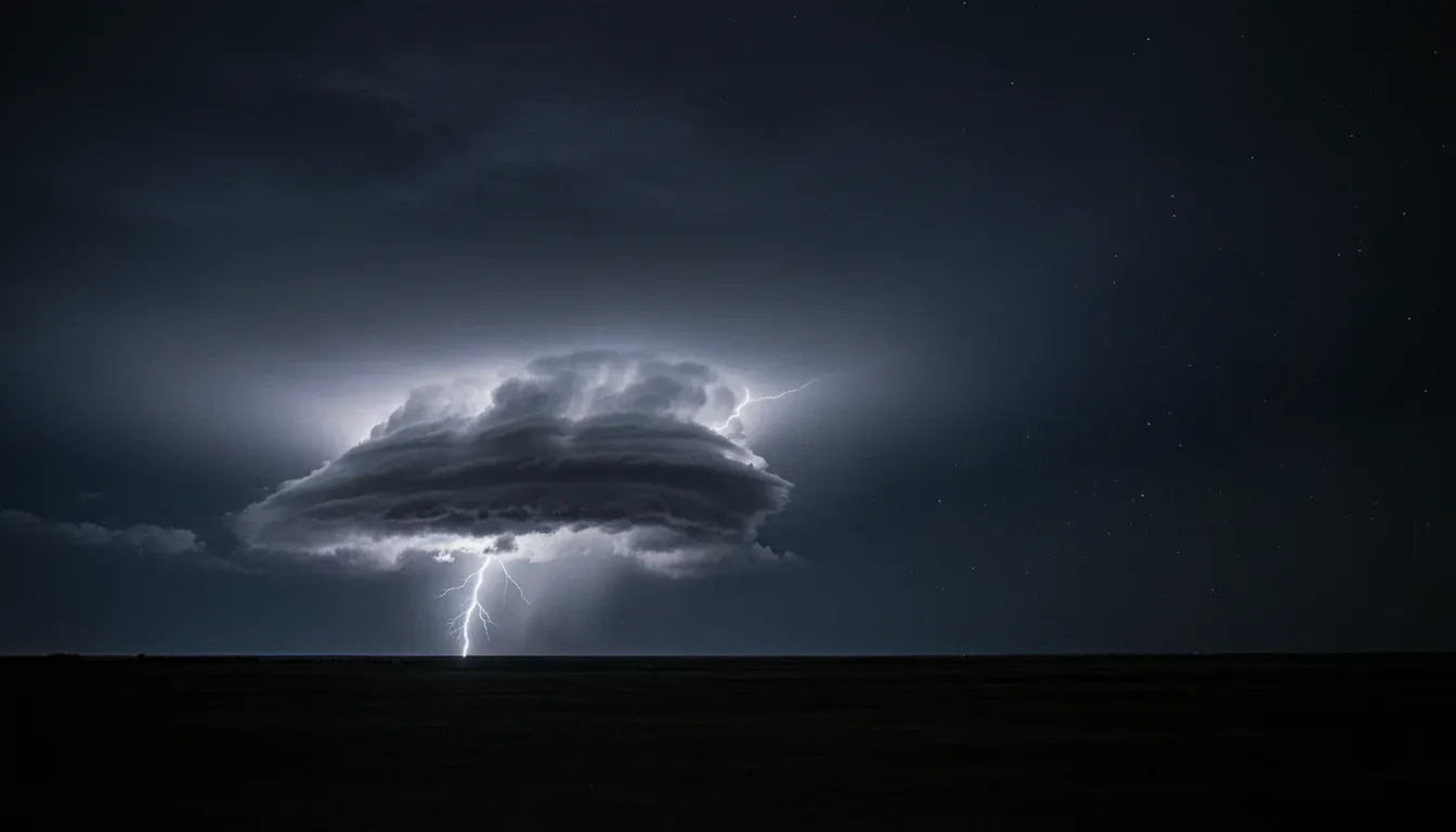 A single supercell thunderstorm at night over dark open country, lit from within by lightning, with a faint hail shaft visible beneath it.