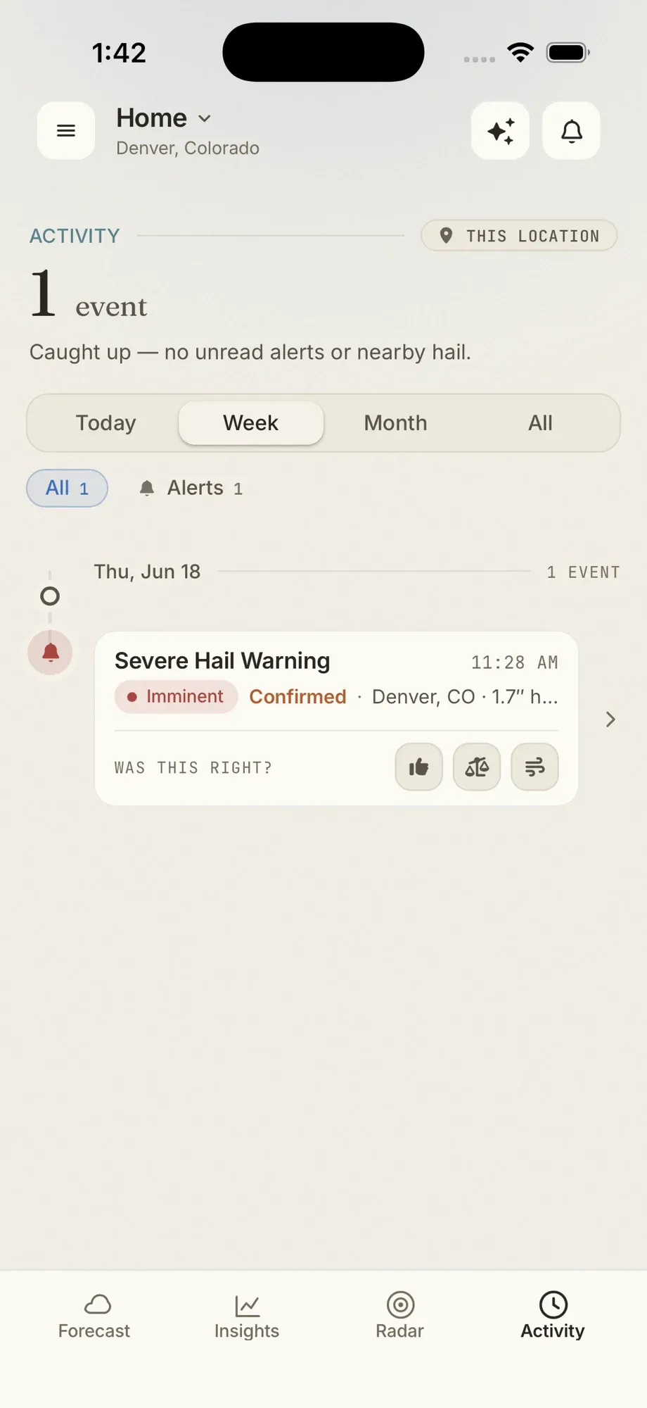 Hail Sentinel Activity feed showing a Severe Hail Warning event card for Denver, CO with a 1.7 inch hail size.