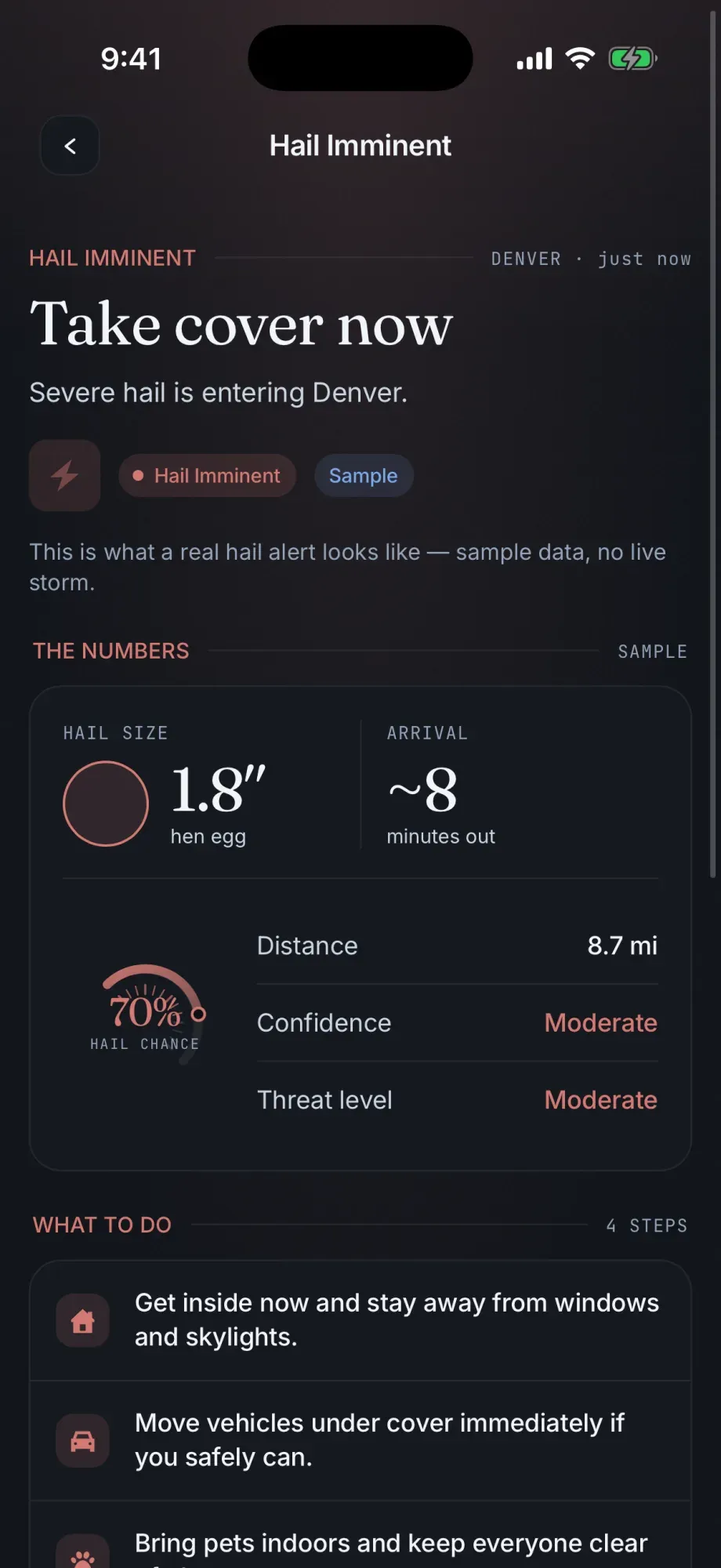 Hail Sentinel sample imminent-alert screen reading 'Take cover now — severe hail is entering Denver', showing a 1.8-inch hail size, an arrival countdown, and a 70% hail chance, with a shelter-now action list.