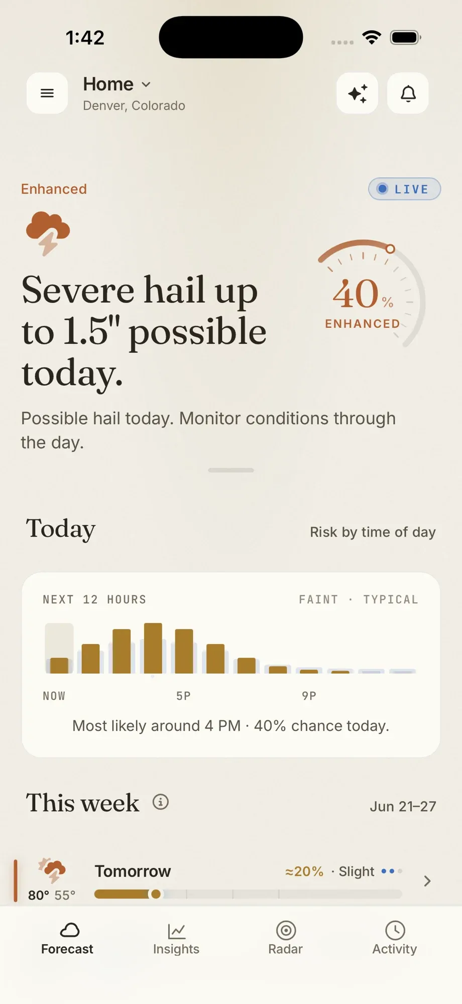 Hail Sentinel Forecast screen: the headline 'Severe hail up to 1.5 inches possible today.', a 40 percent enhanced probability dial, a LIVE badge, and a next-12-hours risk chart.