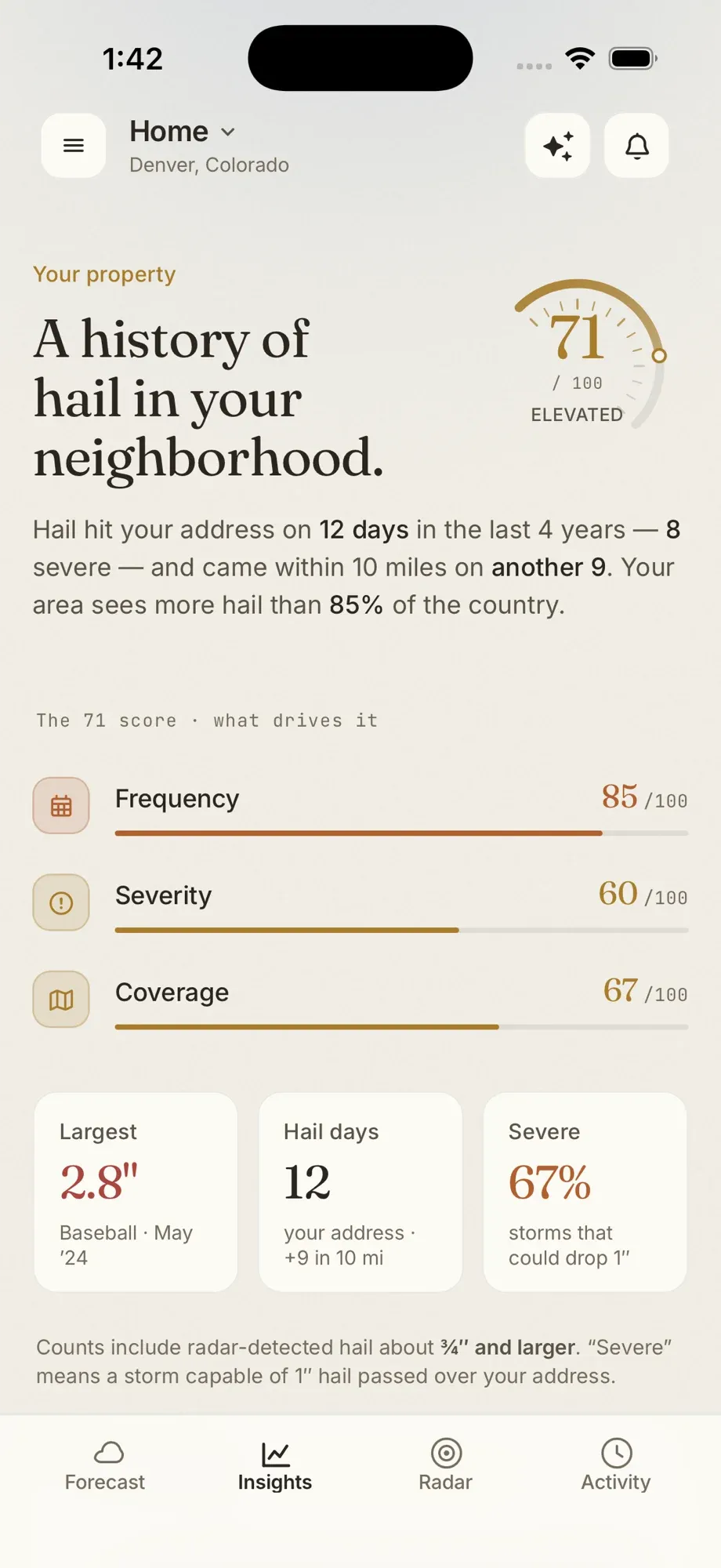 Hail Sentinel Insights screen showing a neighborhood hail history with a 71 of 100 elevated score and frequency, severity, and coverage bars.