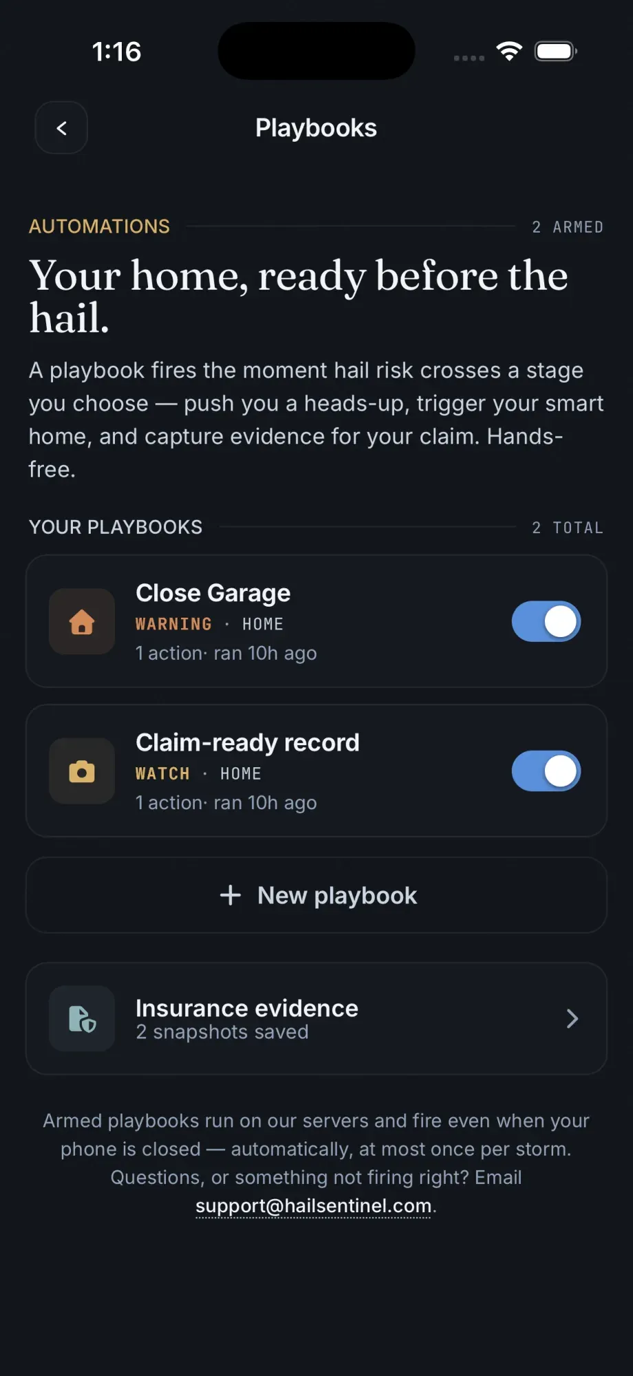 Hail Sentinel Playbooks screen headlined 'Your home, ready before the hail', with two armed automations — Close Garage and Claim-ready record — and saved insurance-evidence snapshots.