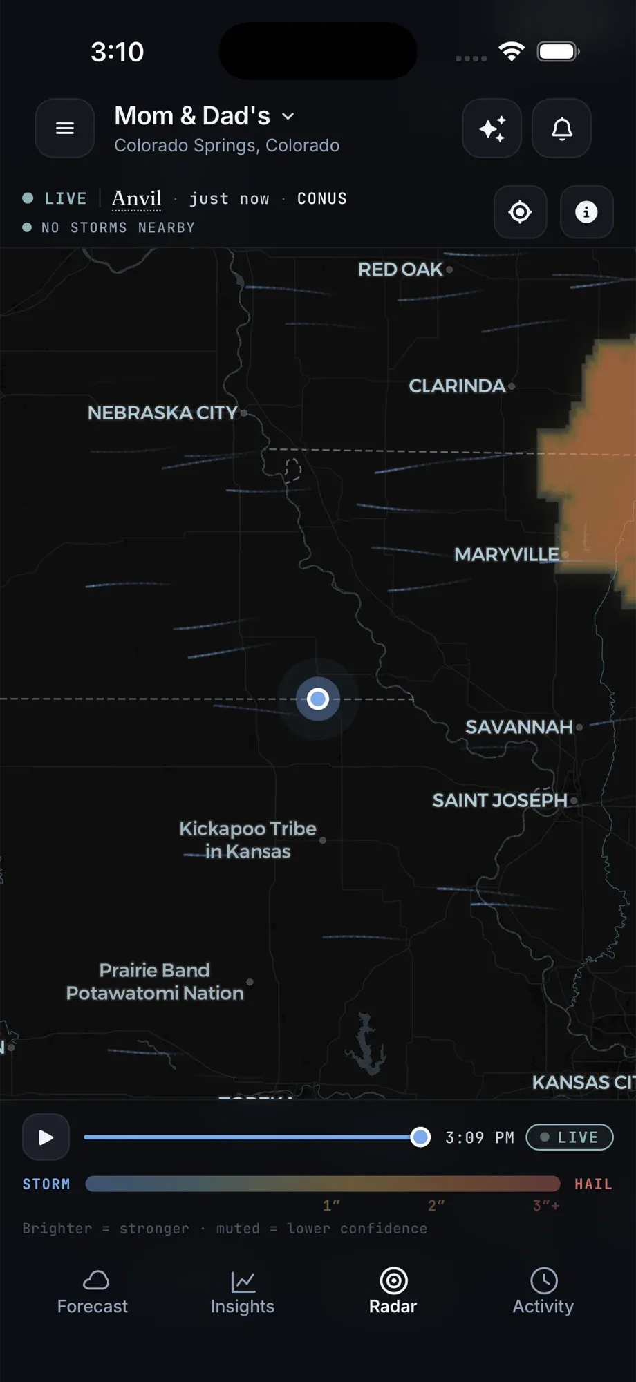 Hail Sentinel Radar screen showing a live storm with a STORM-to-HAIL reflectivity field over the central US, including a warm-toned hail core.