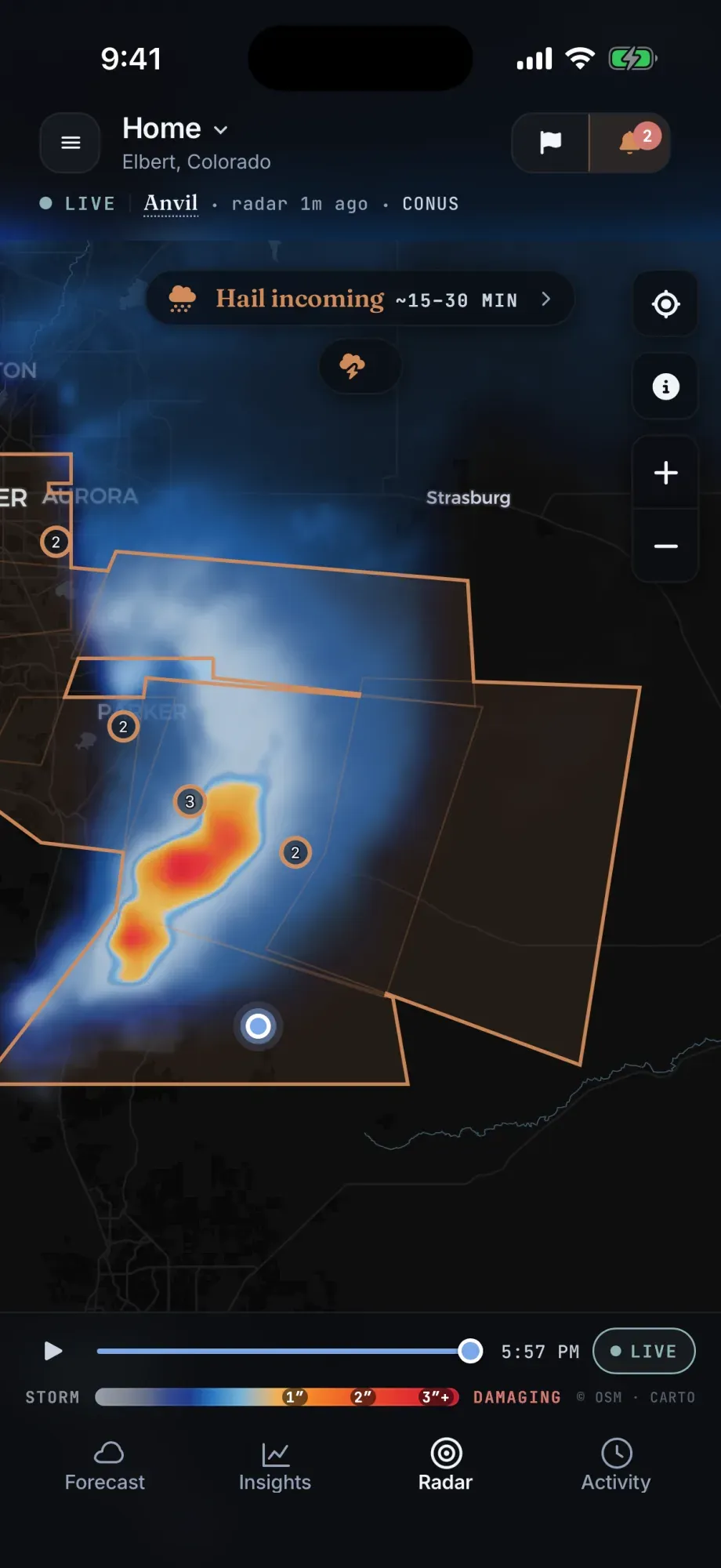 Hail Sentinel Radar screen tracking a live supercell near Elbert, Colorado — a warm-toned damaging-hail core over a dark map, a "Hail incoming ~15–30 min" banner, ground-truth report pins, and active warning polygons.