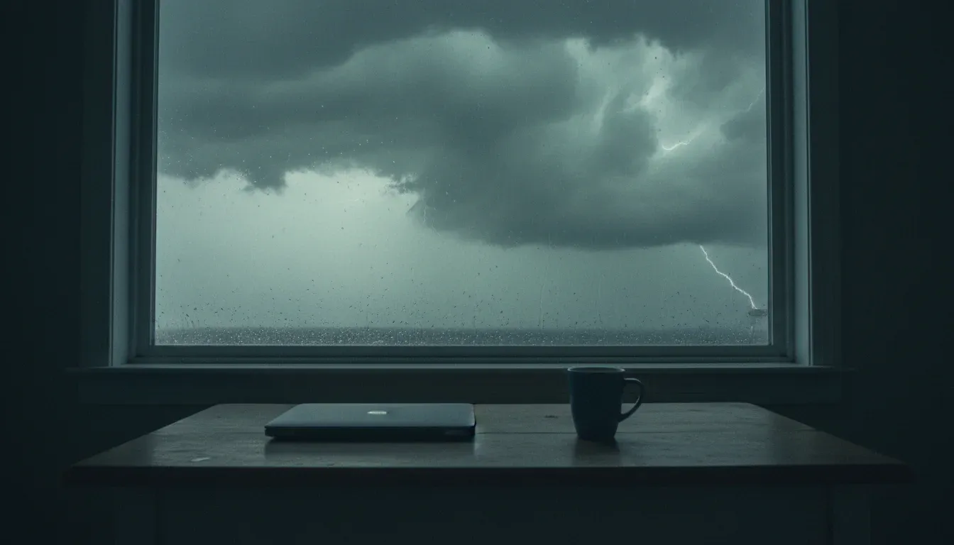 A quiet kitchen table with a closed laptop and a mug of coffee by a rain-streaked window, storm light flooding in from outside.