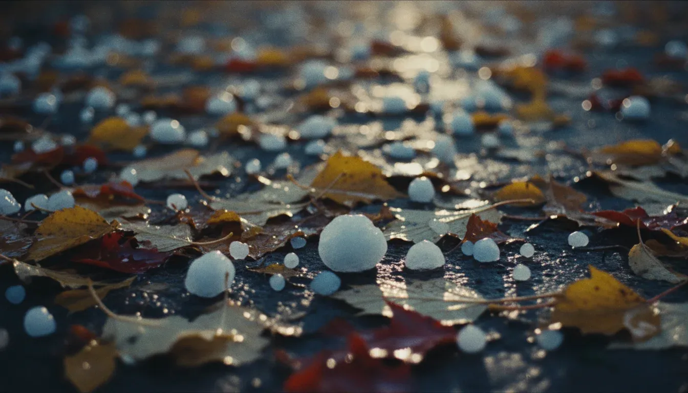 Fresh hailstones scattered among fallen golden and red autumn leaves on cold wet ground, one large stone in sharp focus.