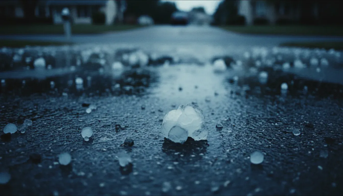 Fresh hailstones scattered across wet suburban asphalt moments after a storm, one large jagged stone in sharp focus in cold blue evening light.