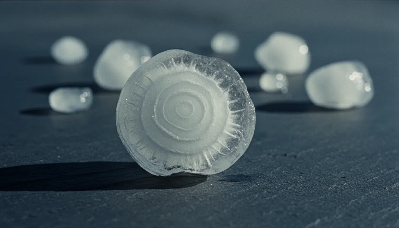 A large hailstone cut in half on dark slate, its concentric growth rings visible in the ice like tree rings, lit hard from the side.