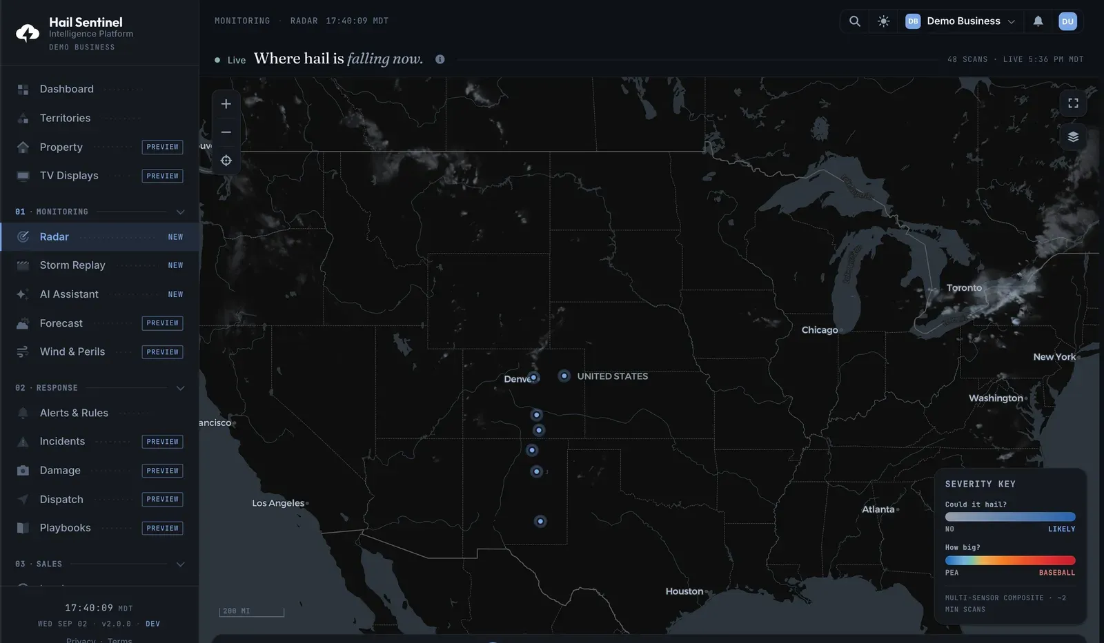 Hail Sentinel console Radar screen, "Where hail is falling now": a dark map of the United States with tracked storm cells over Colorado and New Mexico, a severity key, and a playback scrubber reading 5:36 PM MDT LIVE.