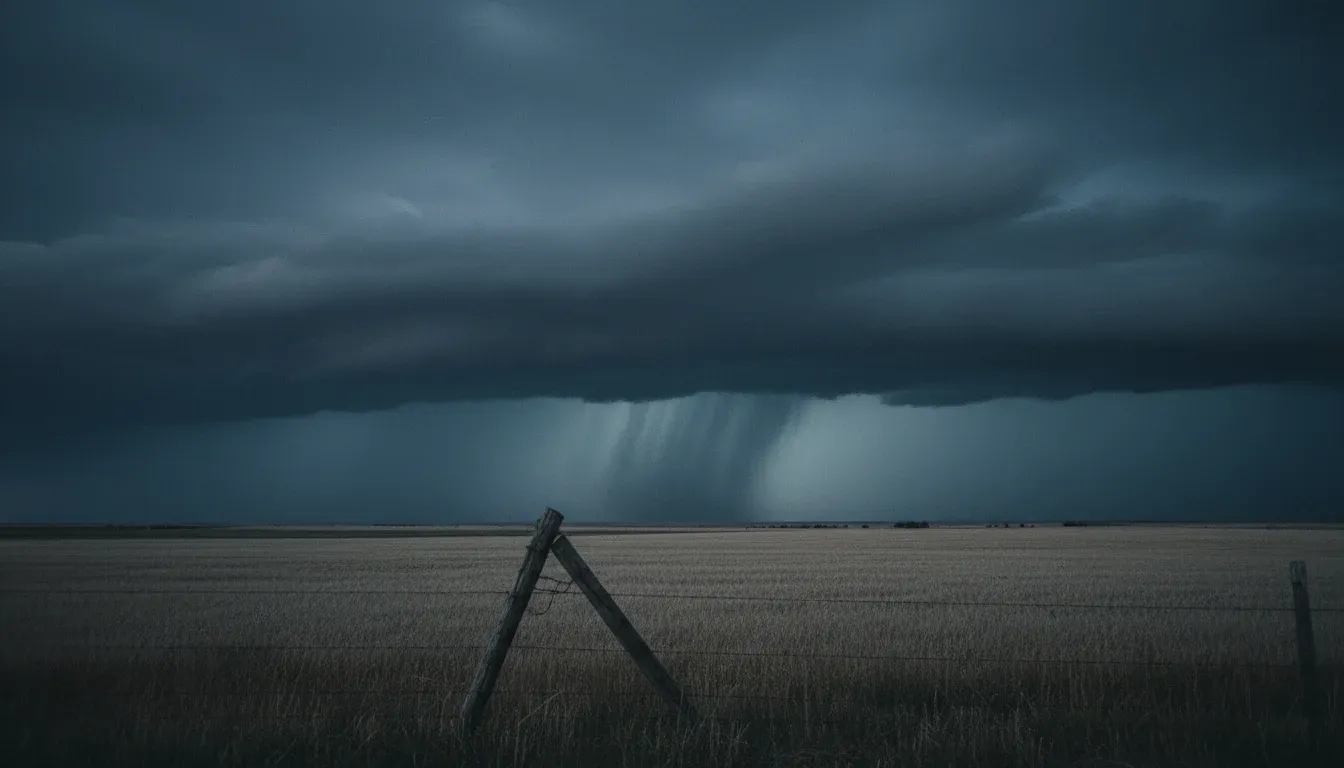 A distant shaft of hail falling on an empty plain at dusk with no houses or roads in sight, a leaning fence post in the foreground.