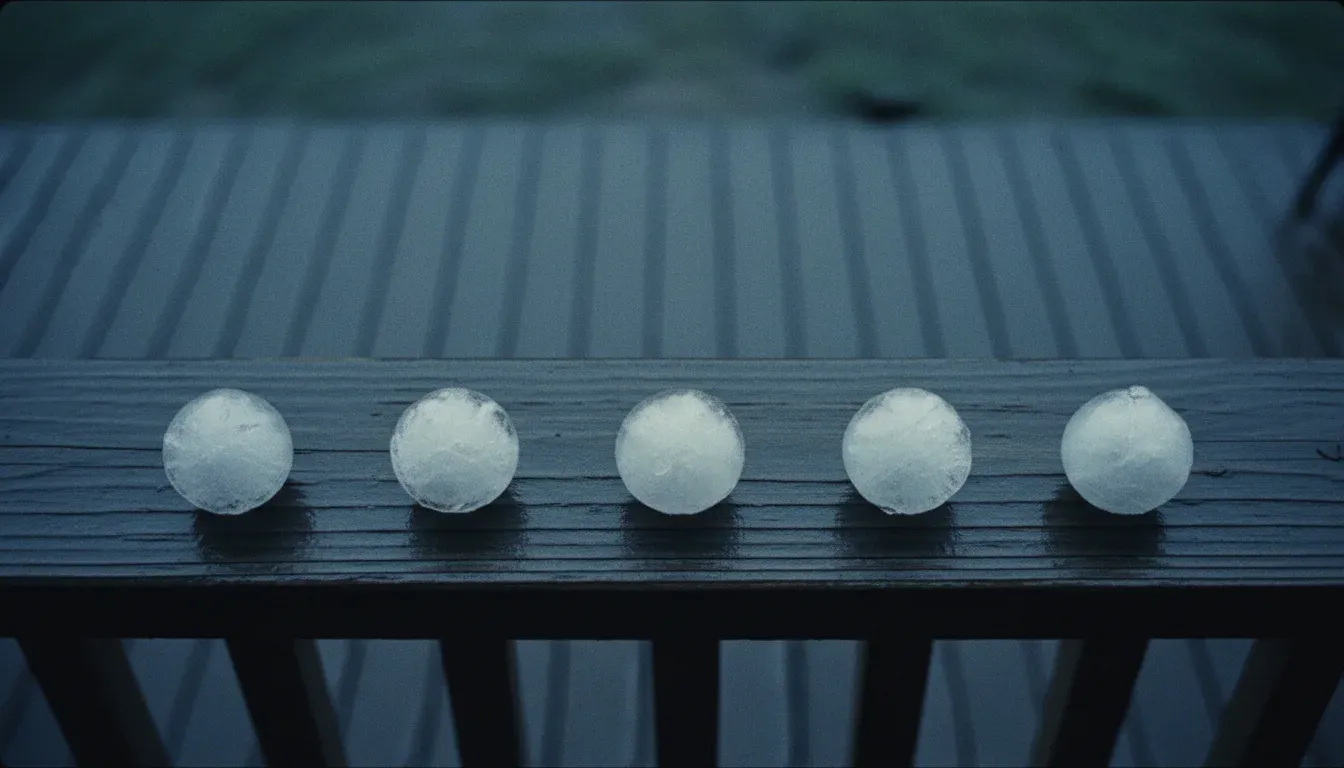 Five hailstones of matching size arranged in a careful row on a rain-wet wooden porch rail under cold overcast light.