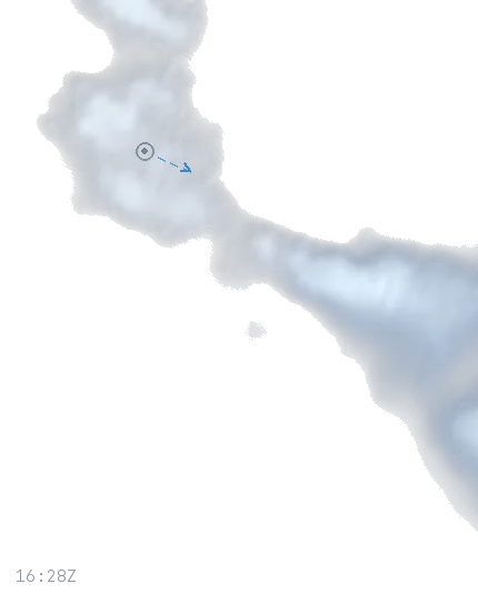 Looping animation of a single storm over Northeast Michigan. Its radar footprint grows and pulls away from grey as Anvil's hail probability rises to its peak, then fades back to grey as the storm collapses, with the path it has travelled and the path its motion projects drawn alongside.